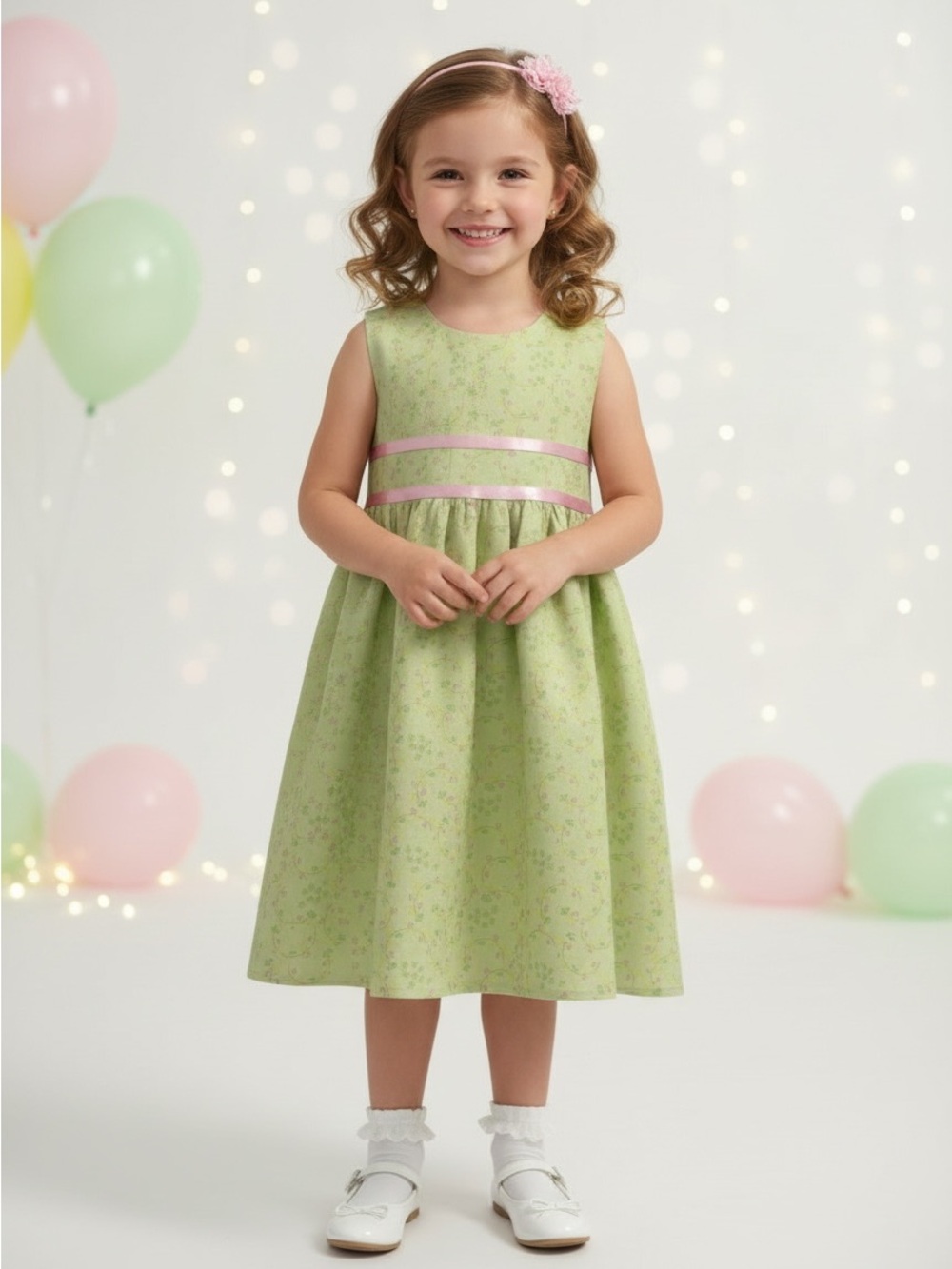 VTG Y2K Lime Green Floral Party Dress with Pink Ribbon